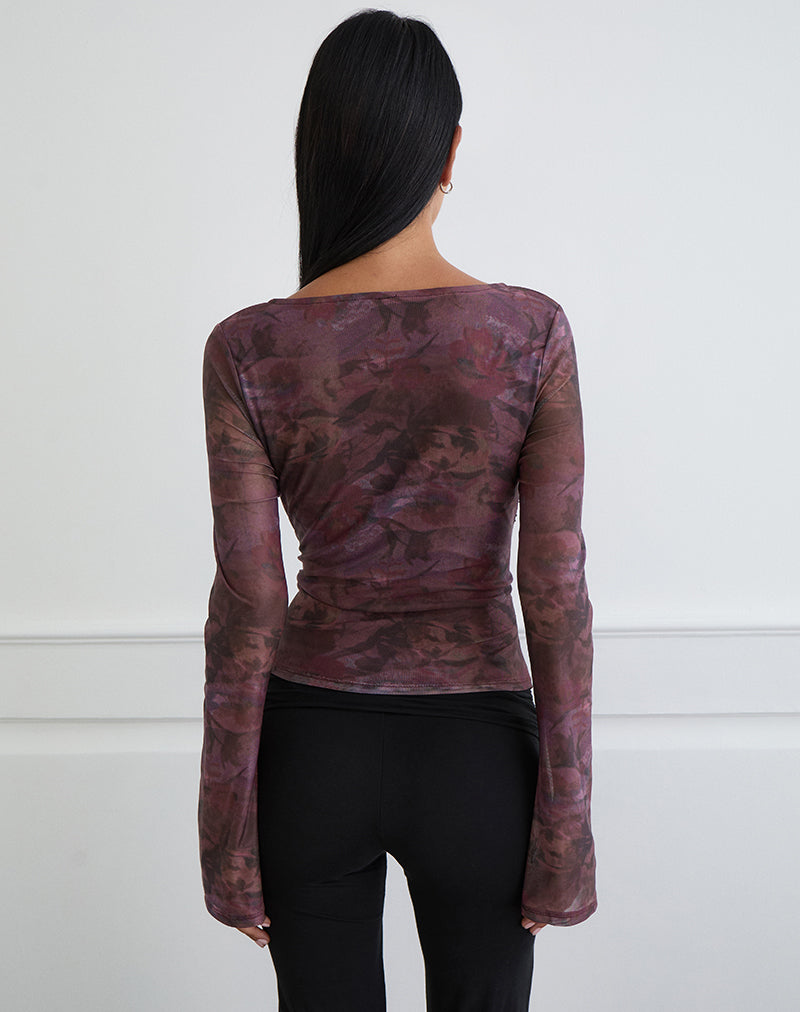 Aifee Long Sleeve Top in Mesh Blurry Floral Burgundy