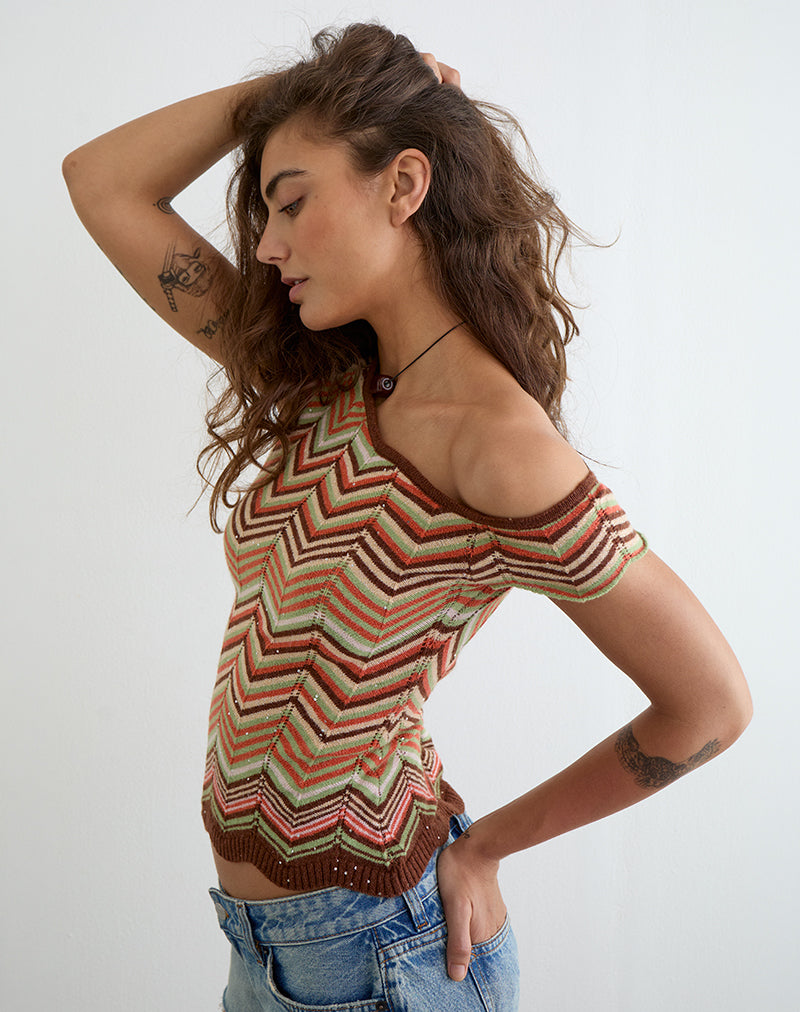 Aisling Off Shoulder Top in Green Multi Stripe
