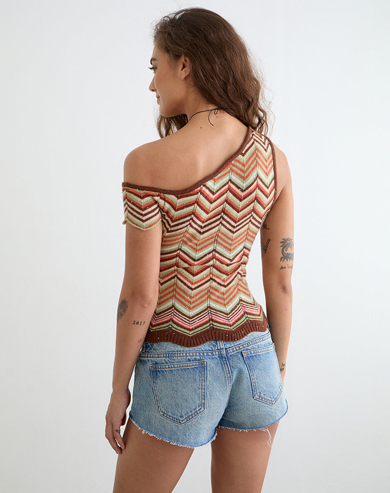 Aisling Off Shoulder Top in Green Multi Stripe