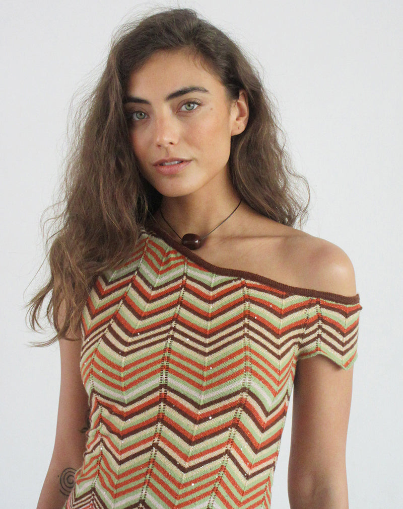 Aisling Off Shoulder Top in Green Multi Stripe