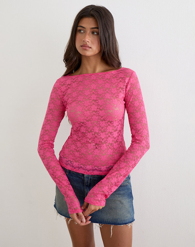 Amabon Long Sleeve Top in Lace Hot Pink