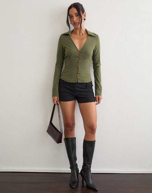 Anika V Shirt in Stretch Tailoring Khaki