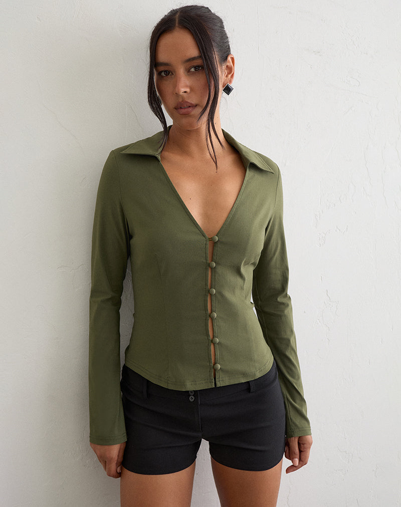 Anika V Shirt in Stretch Tailoring Khaki