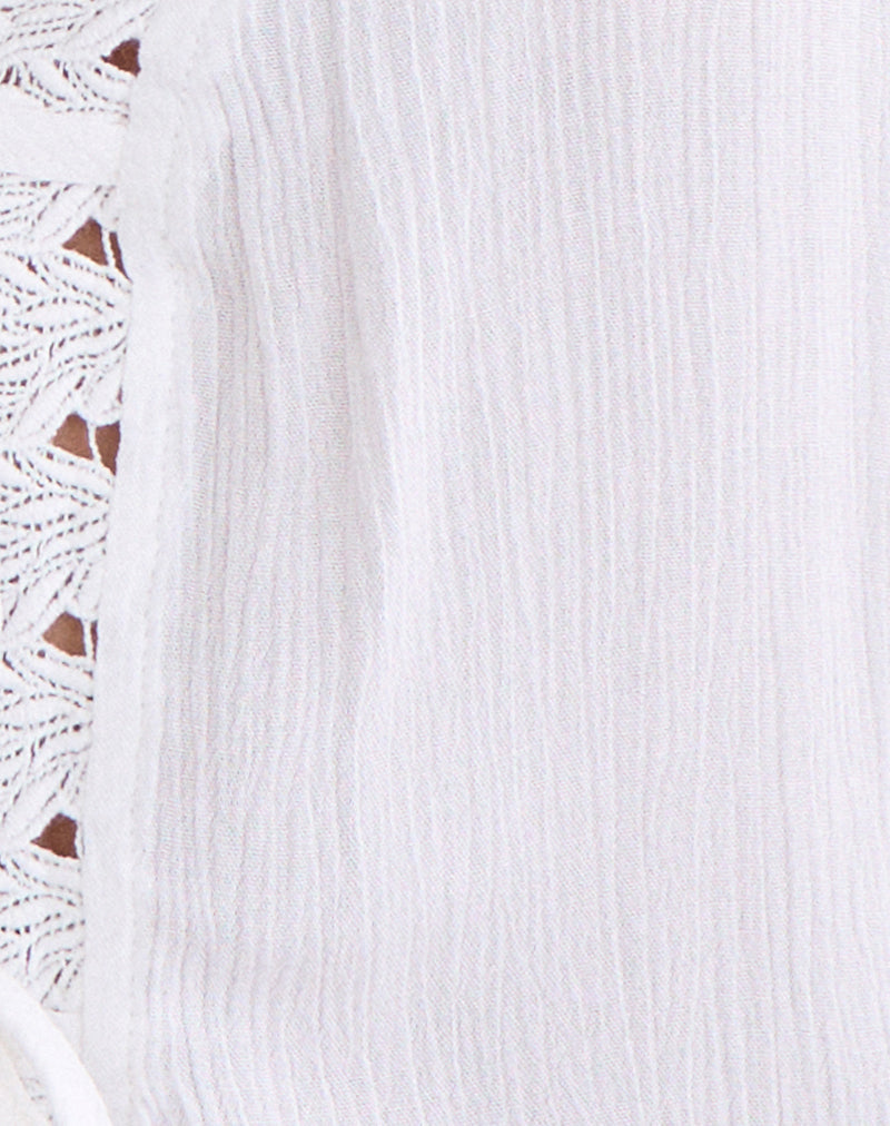 Argya Tie Front Top in Rayon White with Lace Trim