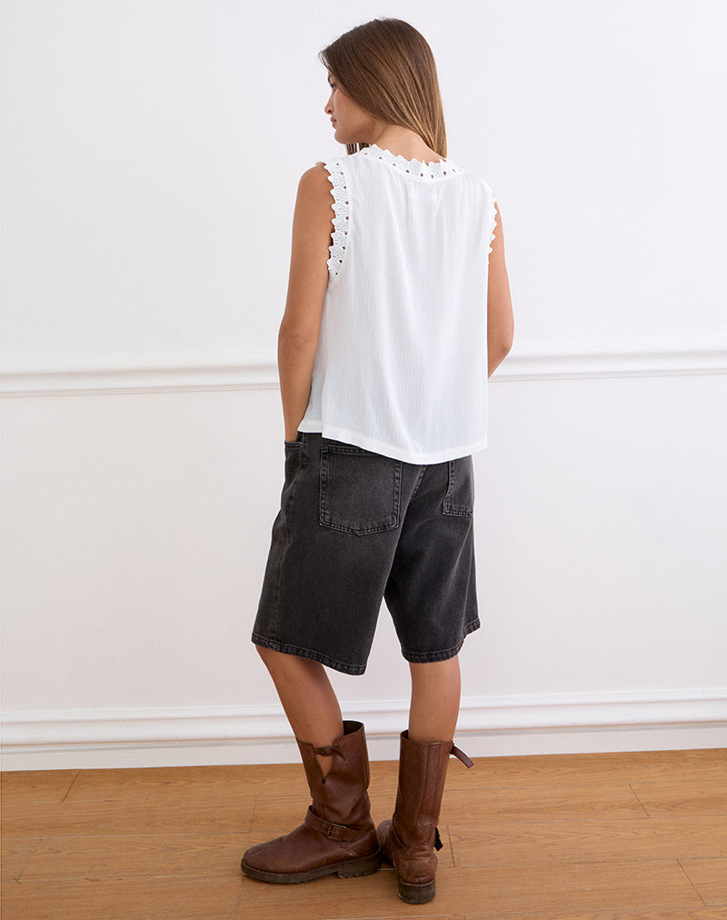 Argya Tie Front Top in Rayon White with Lace Trim