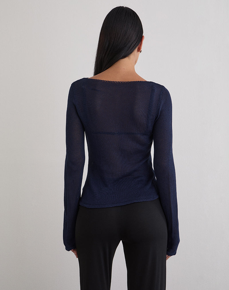 Armali Long Sleeve Top in Stud Sheer Knit Navy