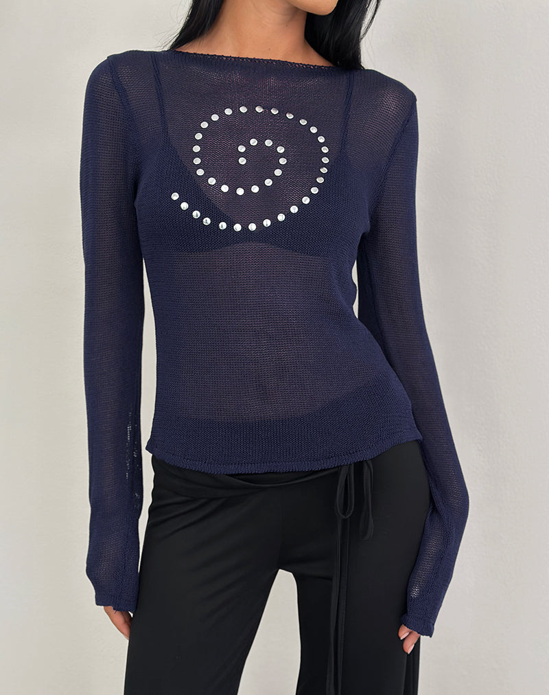 Armali Long Sleeve Top in Stud Sheer Knit Navy