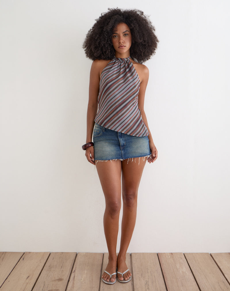 Astina Halterneck Top in Chiffon Grey and Maroon Diagonal Stripe
