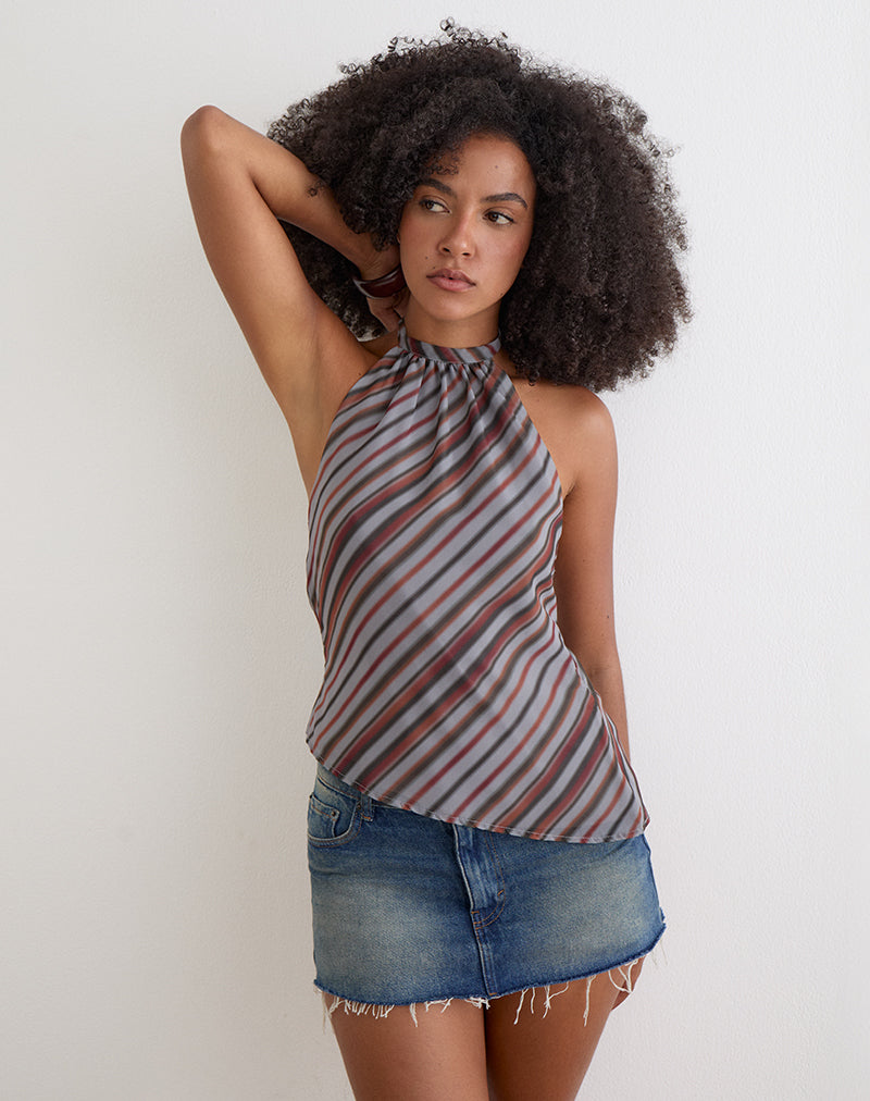 Astina Halterneck Top in Chiffon Grey and Maroon Diagonal Stripe