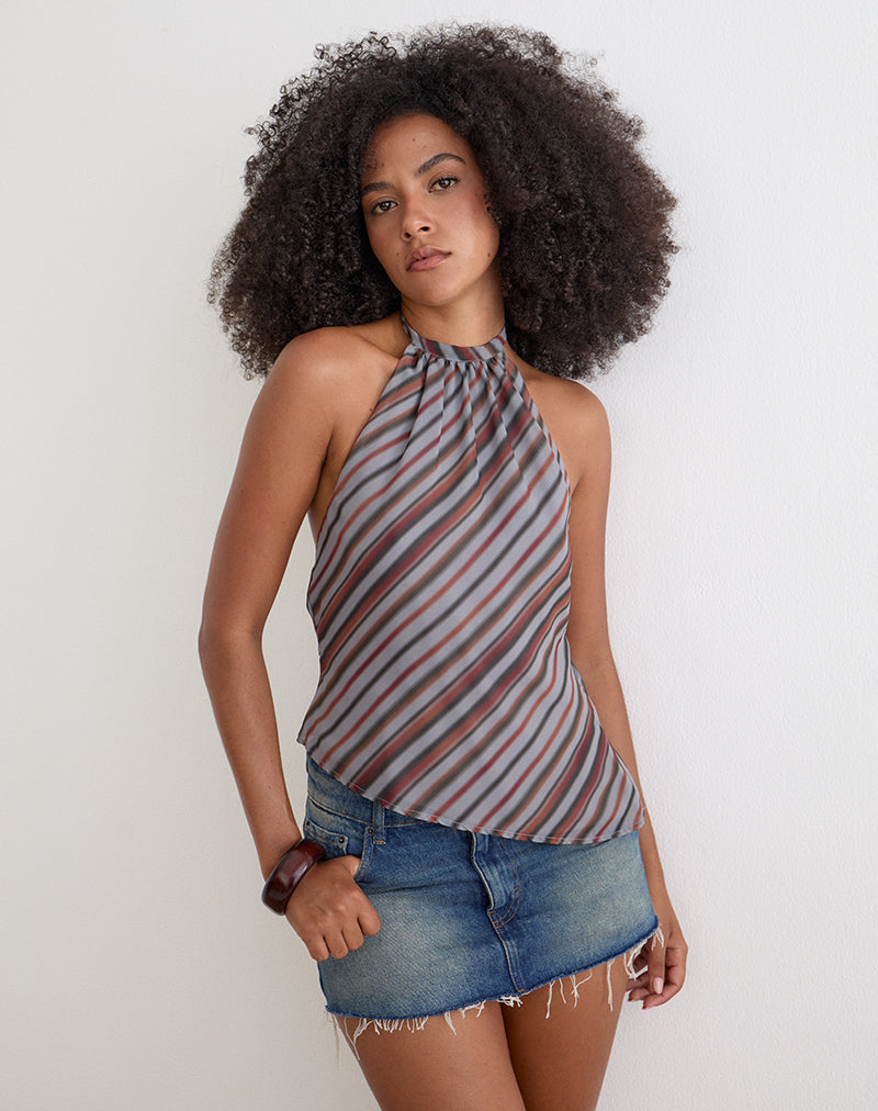 Astina Halterneck Top in Chiffon Grey and Maroon Diagonal Stripe