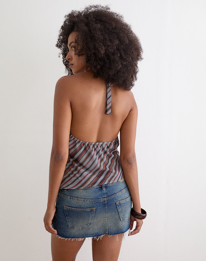 Astina Halterneck Top in Chiffon Grey and Maroon Diagonal Stripe