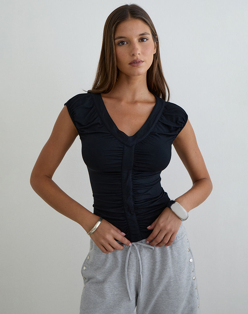 Atheia Gathered V-Neck Top in Rayon Jersey Black