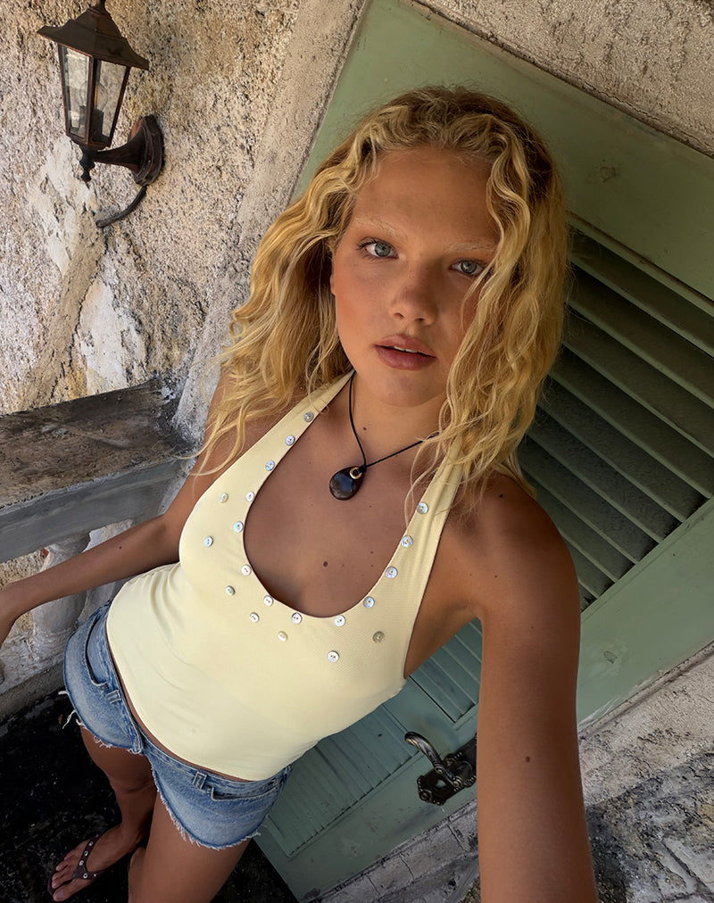 Amita Top with Pearl Buttons in Rib Knit Butter Yellow