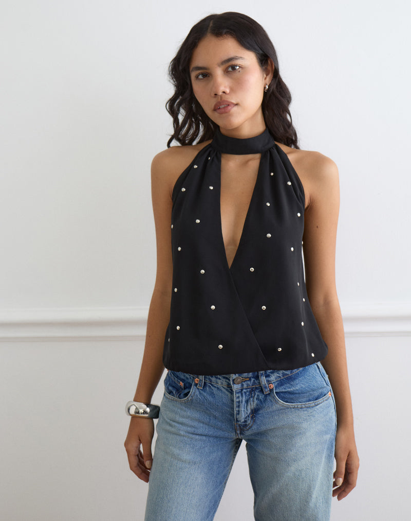 Bajo Halter Bubble Top in Chiffon Black with Studs