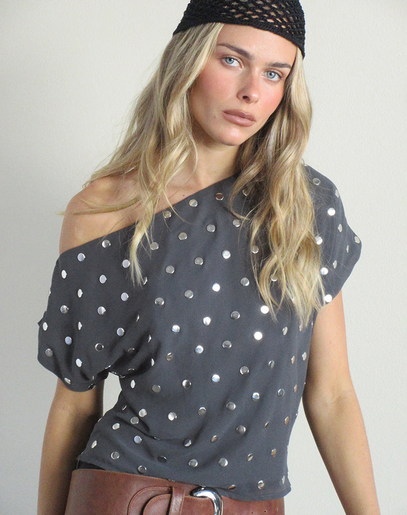 Balia Asymmetric Short Sleeve Top in Studded Chiffon Dark Grey