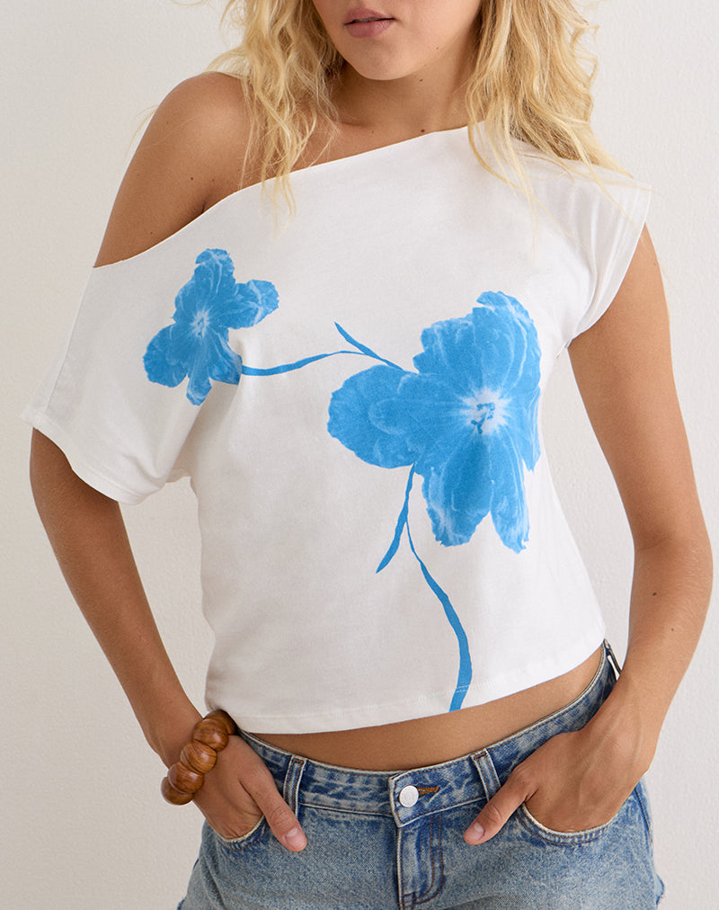Balia Asymmetric Short Sleeve Top in Off White with Blue Flower Silhouette