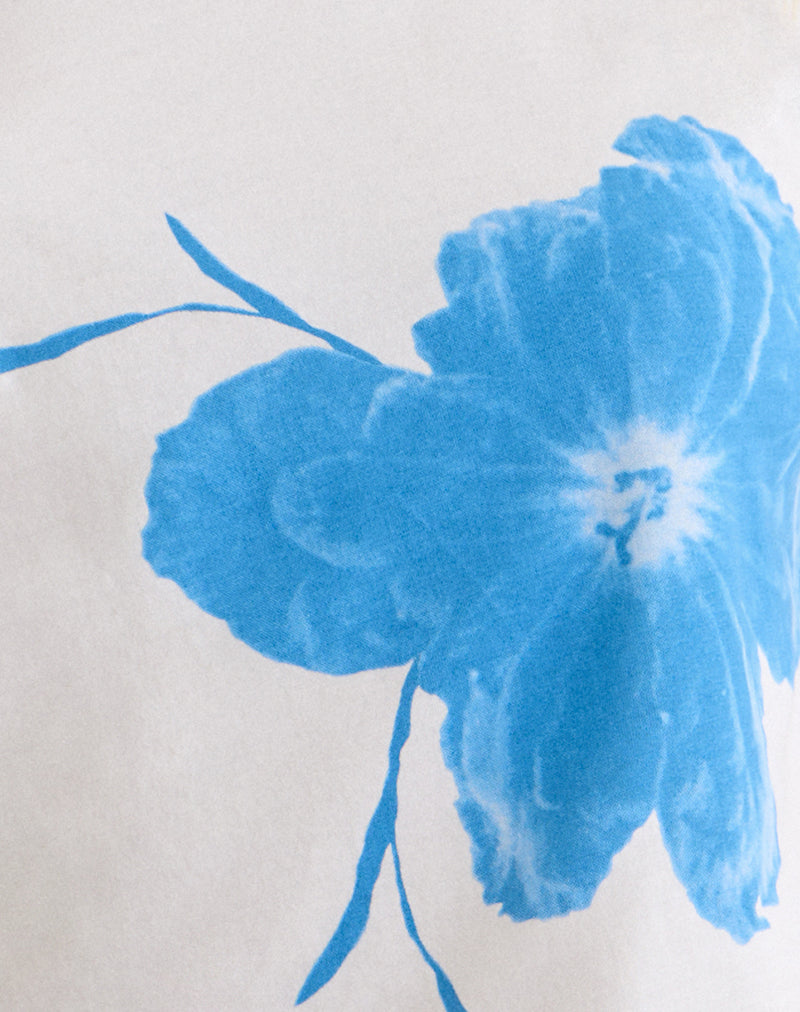 Balia Asymmetric Short Sleeve Top in Off White with Blue Flower Silhouette