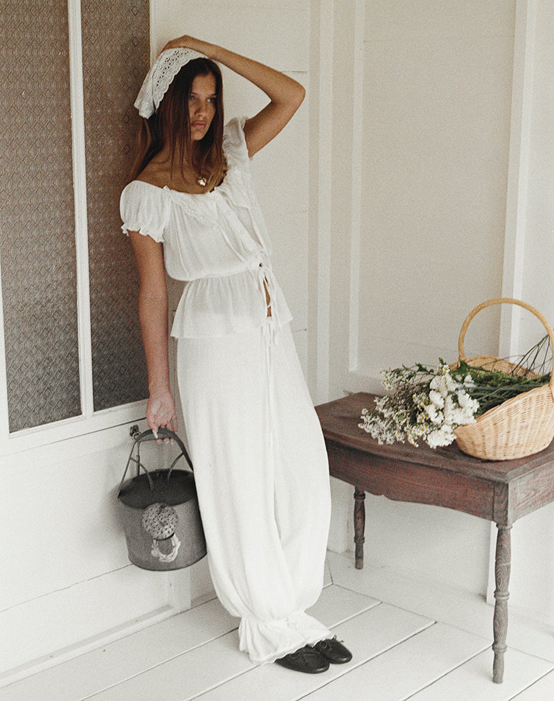 Wujala Bardot Tie Waist Top in Rayon White