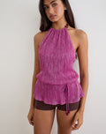Bherita Top with Beads in Sheer Plisse Hot Pink