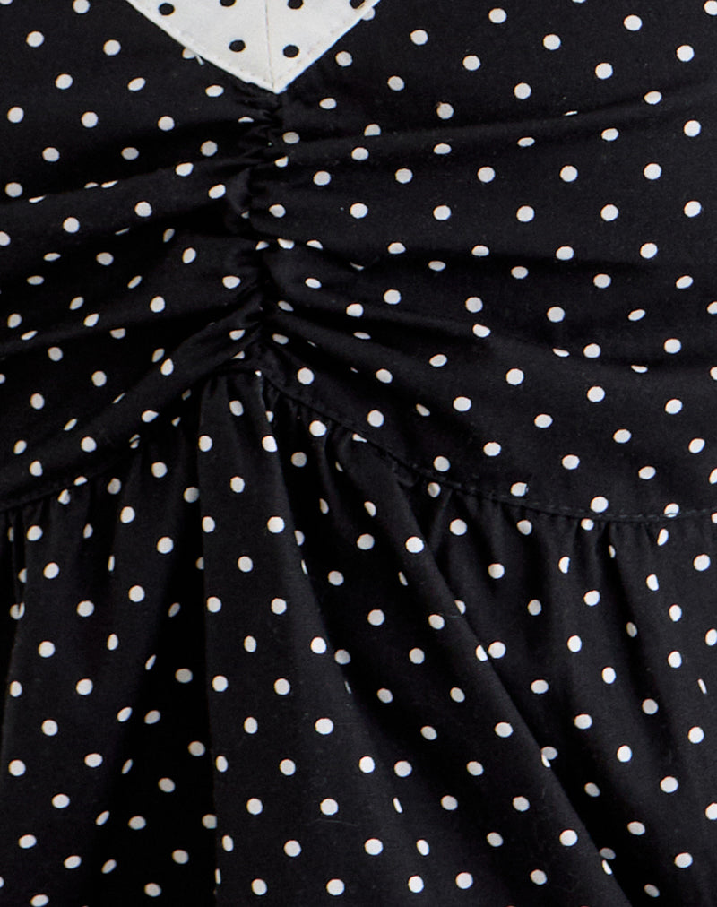 Caixi Top in Black and White Combination with Micro Polka Print