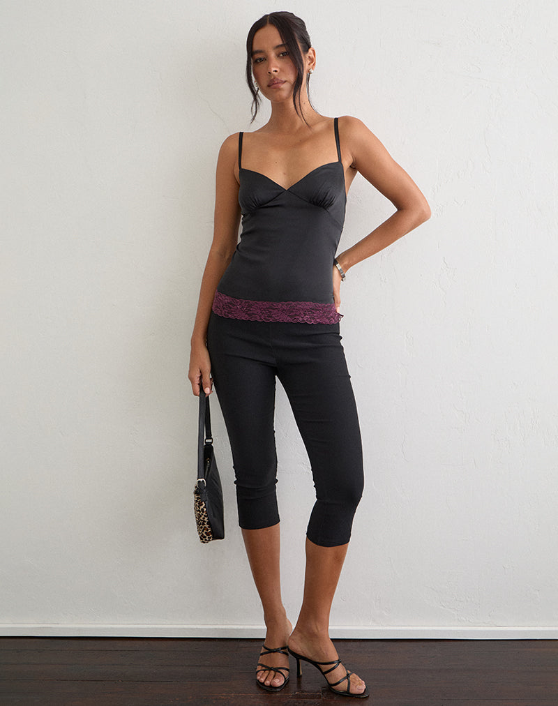 Camara Top in Satin Black with Lace Trim Burgundy