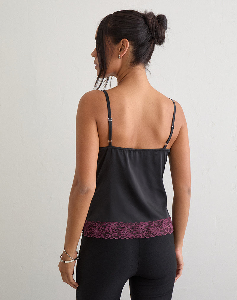 Camara Top in Satin Black with Lace Trim Burgundy