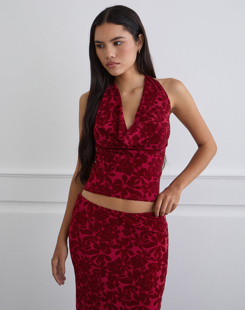 Clandy Cowl Top in Flocked Mesh Flower Cherry