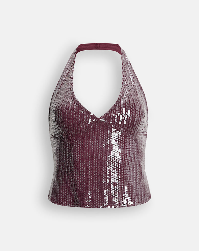 Cosio Halter Top in Clear Sequin Burgundy