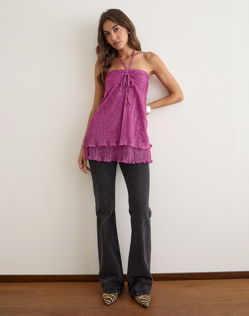 Cutie Halterneck Top in Plisse Hot Pink