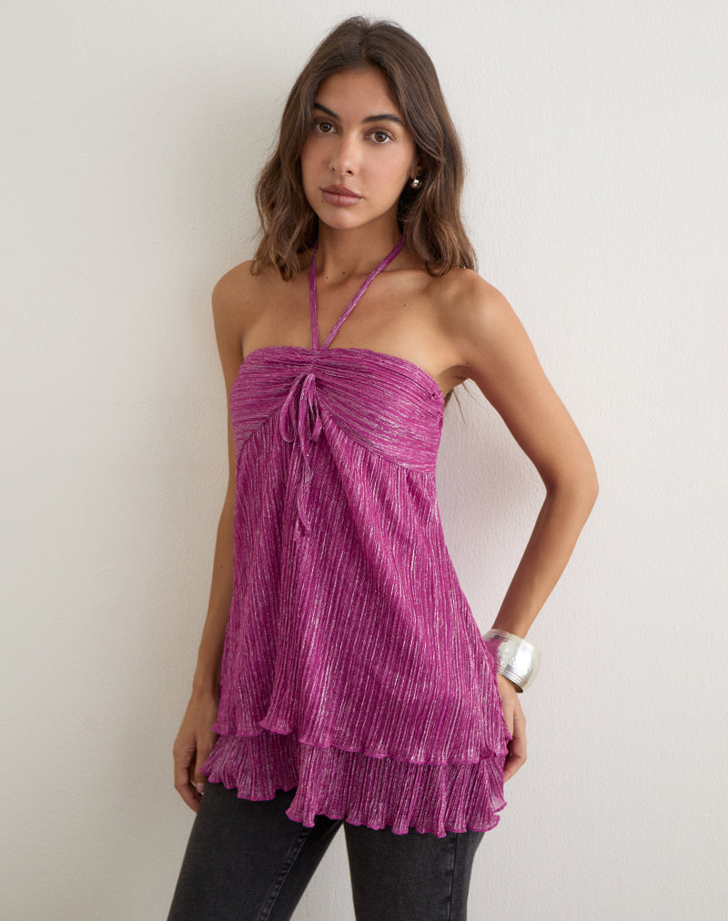 Cutie Halterneck Top in Plisse Hot Pink