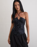Daiki Halterneck Top in Leaf Velvet Dark Blue