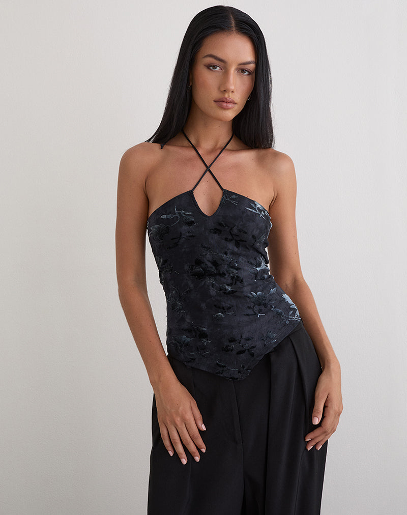 Daiki Halterneck Top in Leaf Velvet Dark Blue