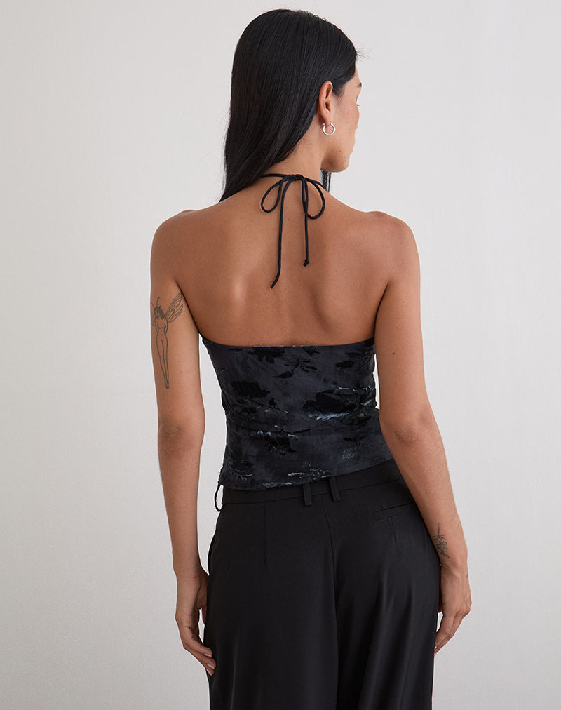 Daiki Halterneck Top in Leaf Velvet Dark Blue
