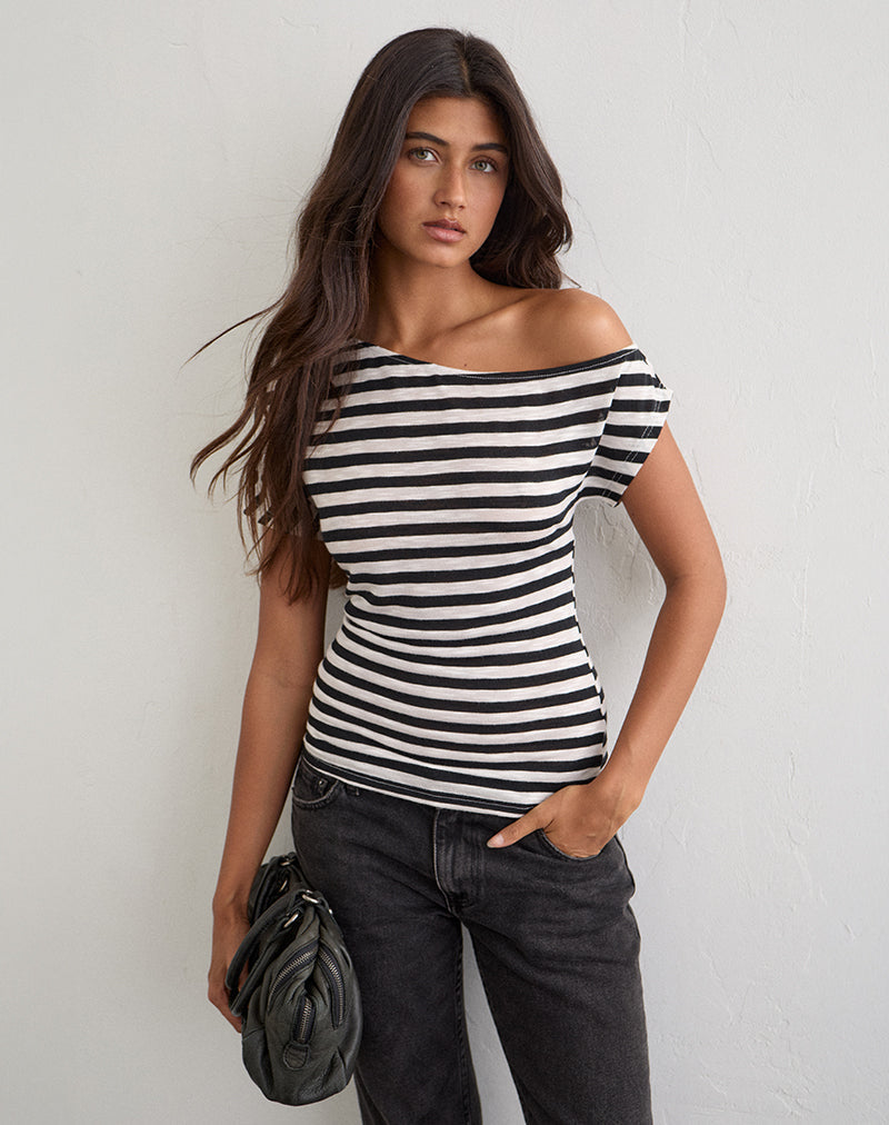 Danama One Shoulder Top in Sheer Jersey Black and White Stripe