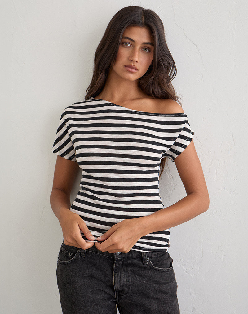 Danama One Shoulder Top in Sheer Jersey Black and White Stripe