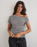 Danama One Shoulder Top in Sheer Jersey Black and White Stripe