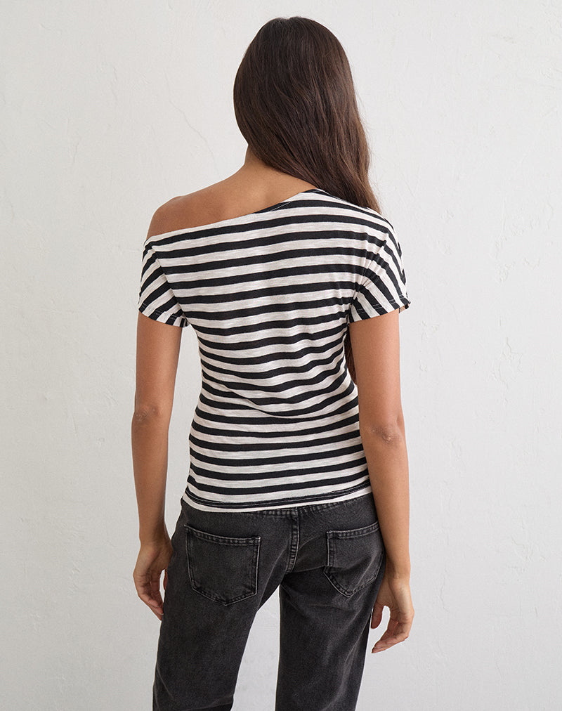 Danama One Shoulder Top in Sheer Jersey Black and White Stripe