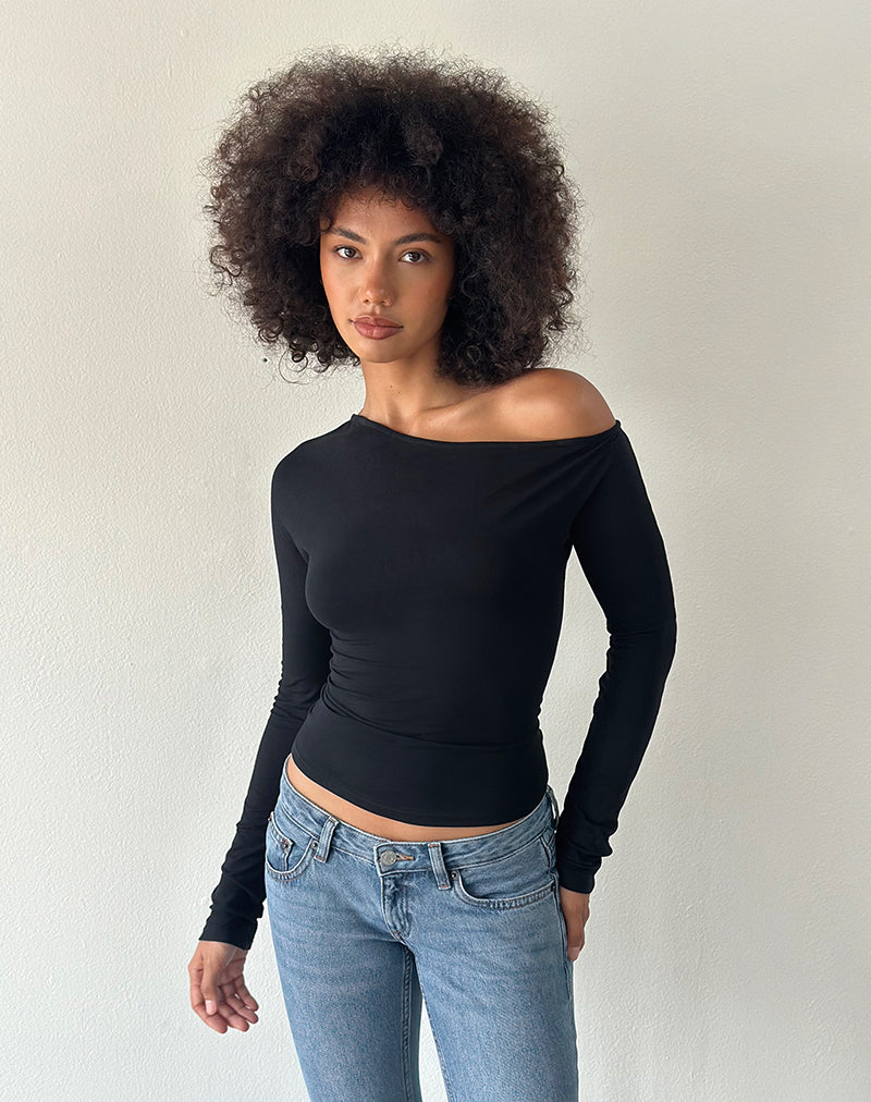 Dareon Long Sleeve Off The Shoulder Top in Black