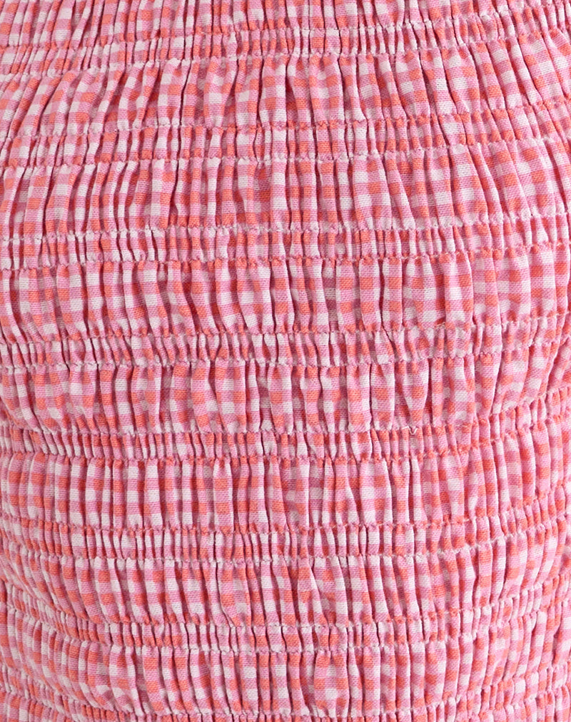 Deacon Shirred Top in Mini Gingham Peach