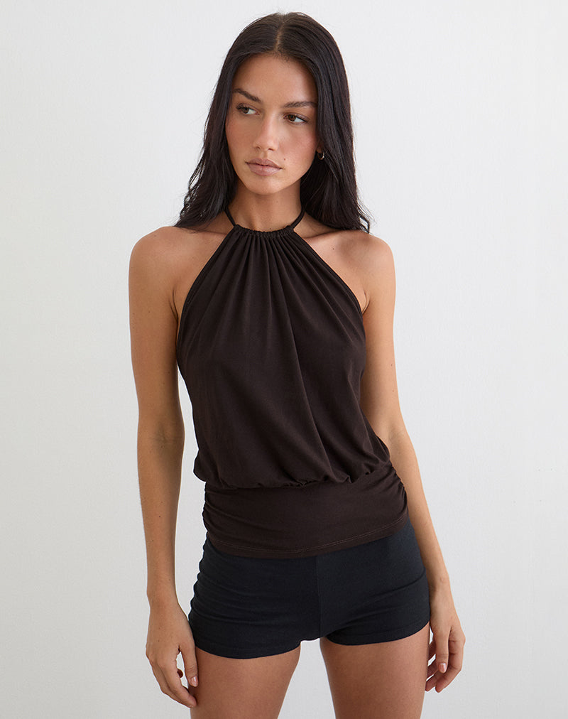 Diraka High Neck Top in Rayon Jersey Chocolate Brown