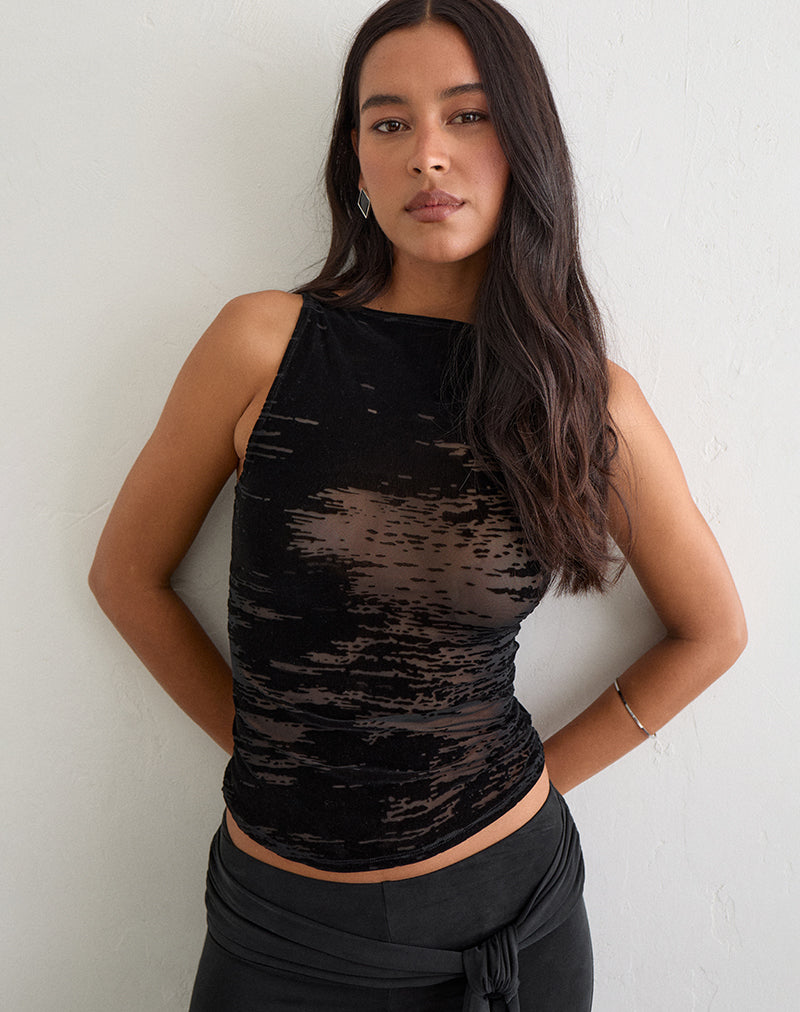 Dudley Vest Top in Flocked Random Brush Black