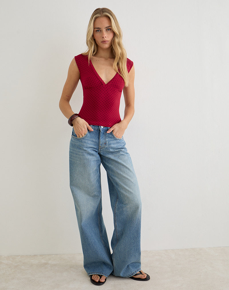 Emberly Plunge Top in Red with Micro Polka Black