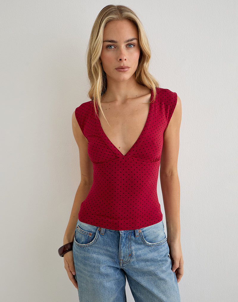 Emberly Plunge Top in Red with Micro Polka Black