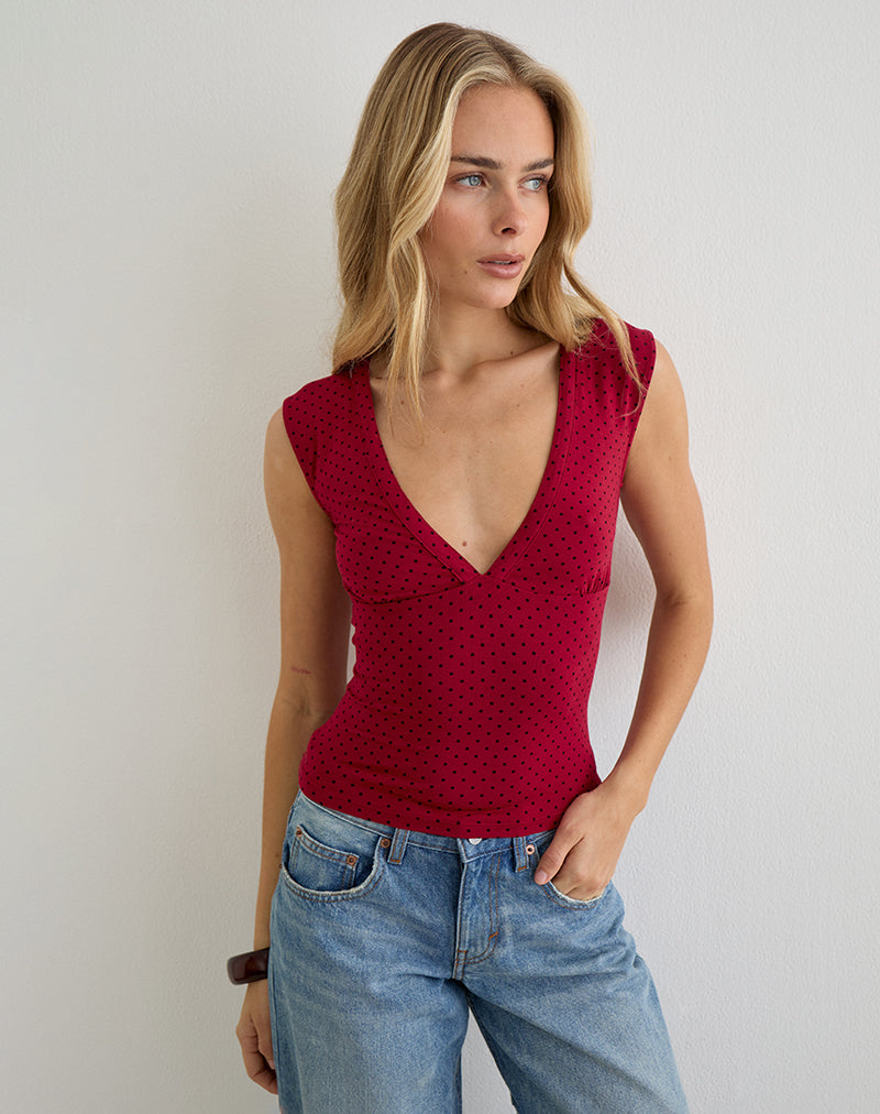Emberly Plunge Top in Red with Micro Polka Black