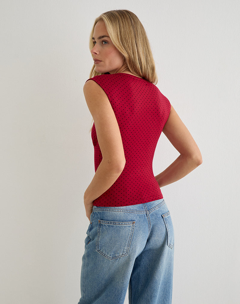 Emberly Plunge Top in Red with Micro Polka Black