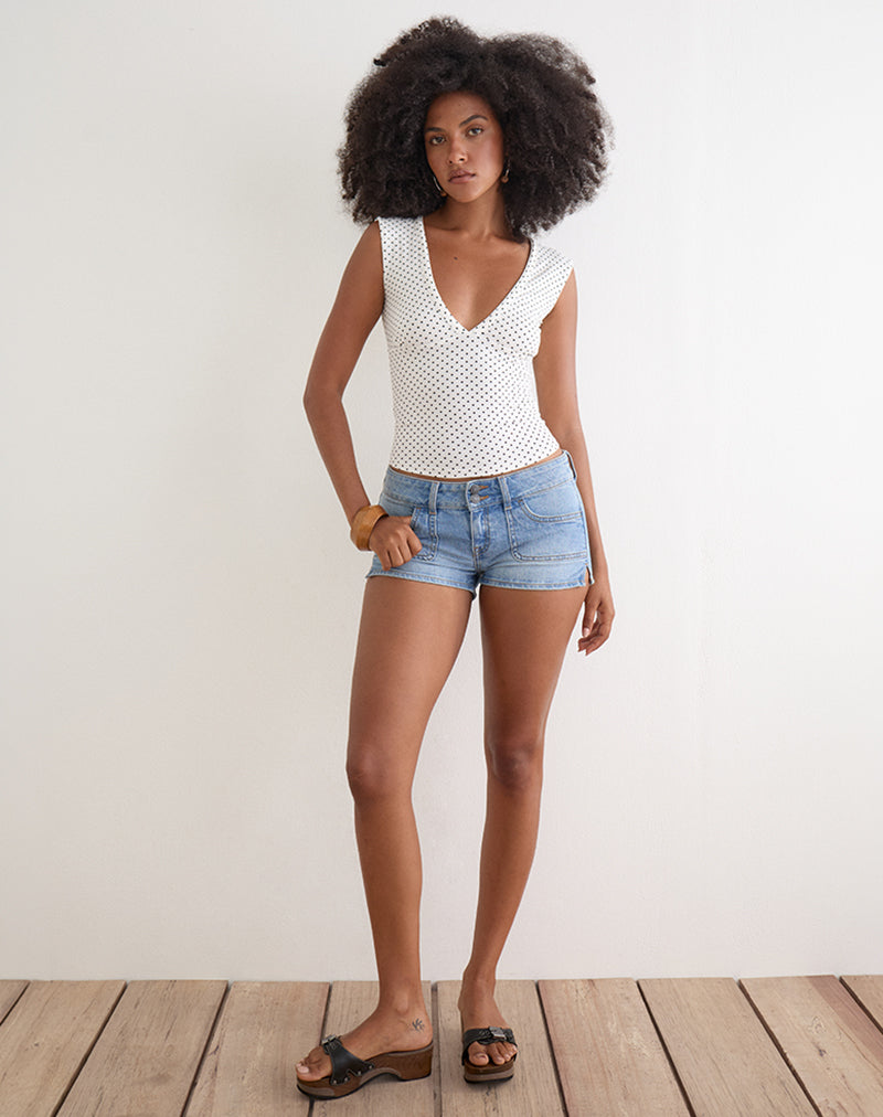 Emberly Plunge Top in White with Micro Polka Black