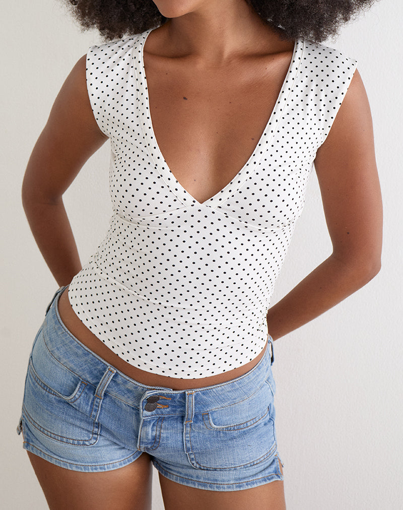 Emberly Plunge Top in White with Micro Polka Black