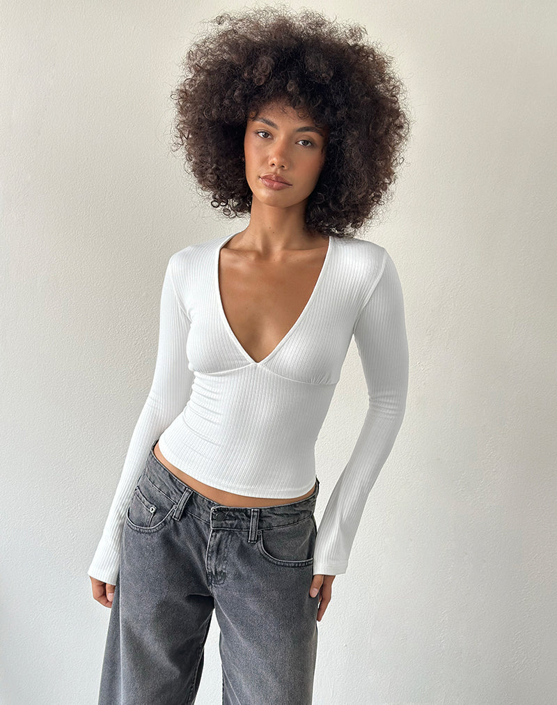 Emesy Long Sleeve Top in Thick Ribbed Off White