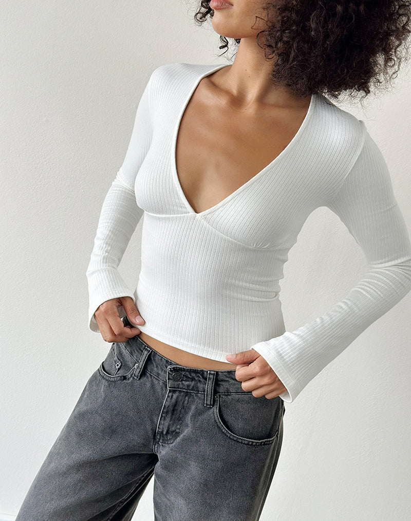 Emesy Long Sleeve Top in Thick Ribbed Off White