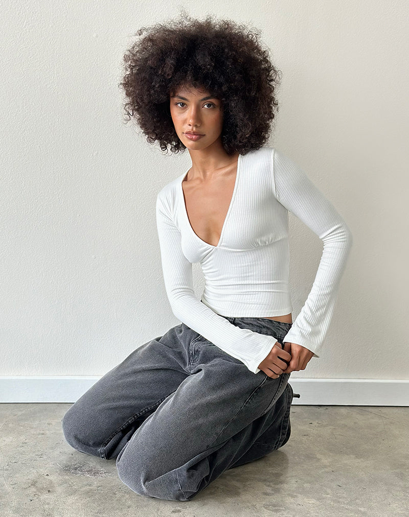Emesy Long Sleeve Top in Thick Ribbed Off White